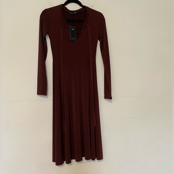 NWT Zara Sz S Cognac Long Sleeve Choker Midi Dress - Picture 2 of 11